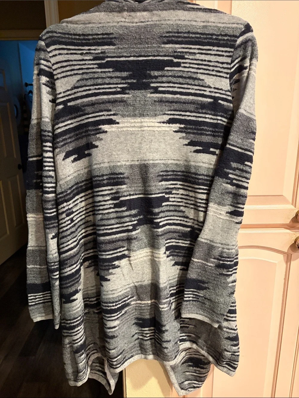 Lucky Brand Aztec design Gray and Navy Striped Open-Front Cardigan